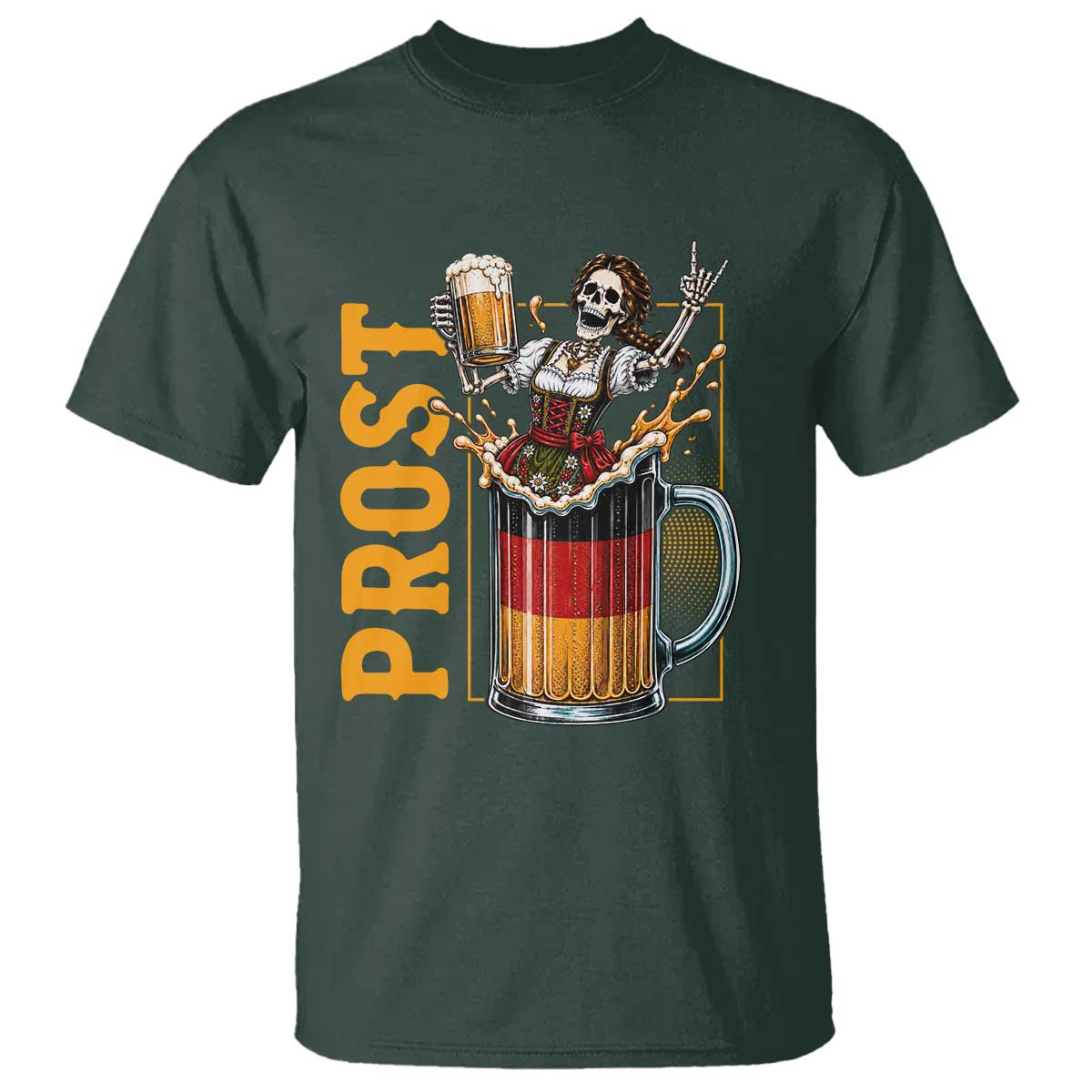 Funny Skeleton Oktoberfest T Shirt Spooky Prost German Beer Drinker Graphic TS12 Dark Forest Green Print Your Wear