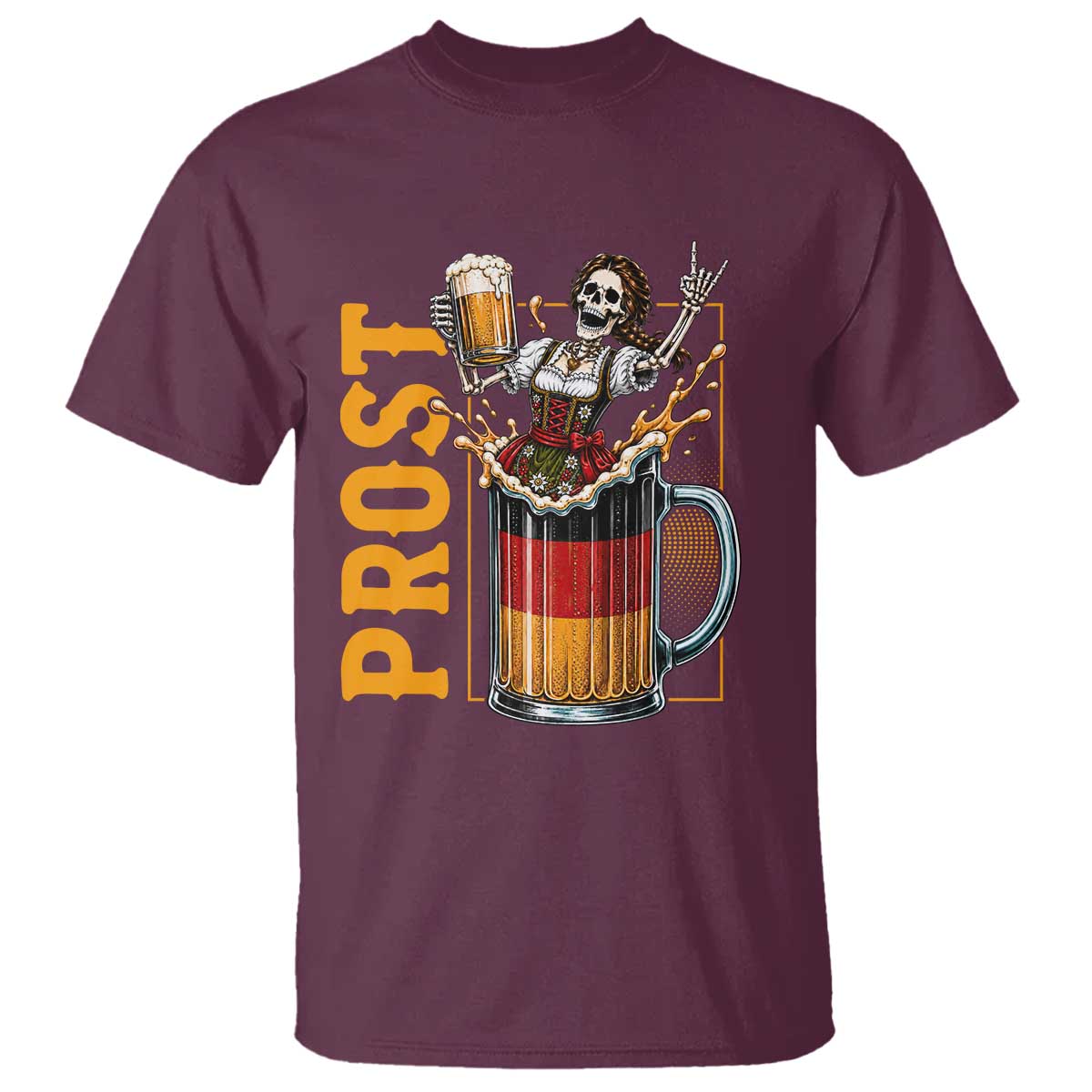 Funny Skeleton Oktoberfest T Shirt Spooky Prost German Beer Drinker Graphic TS12 Maroon Print Your Wear