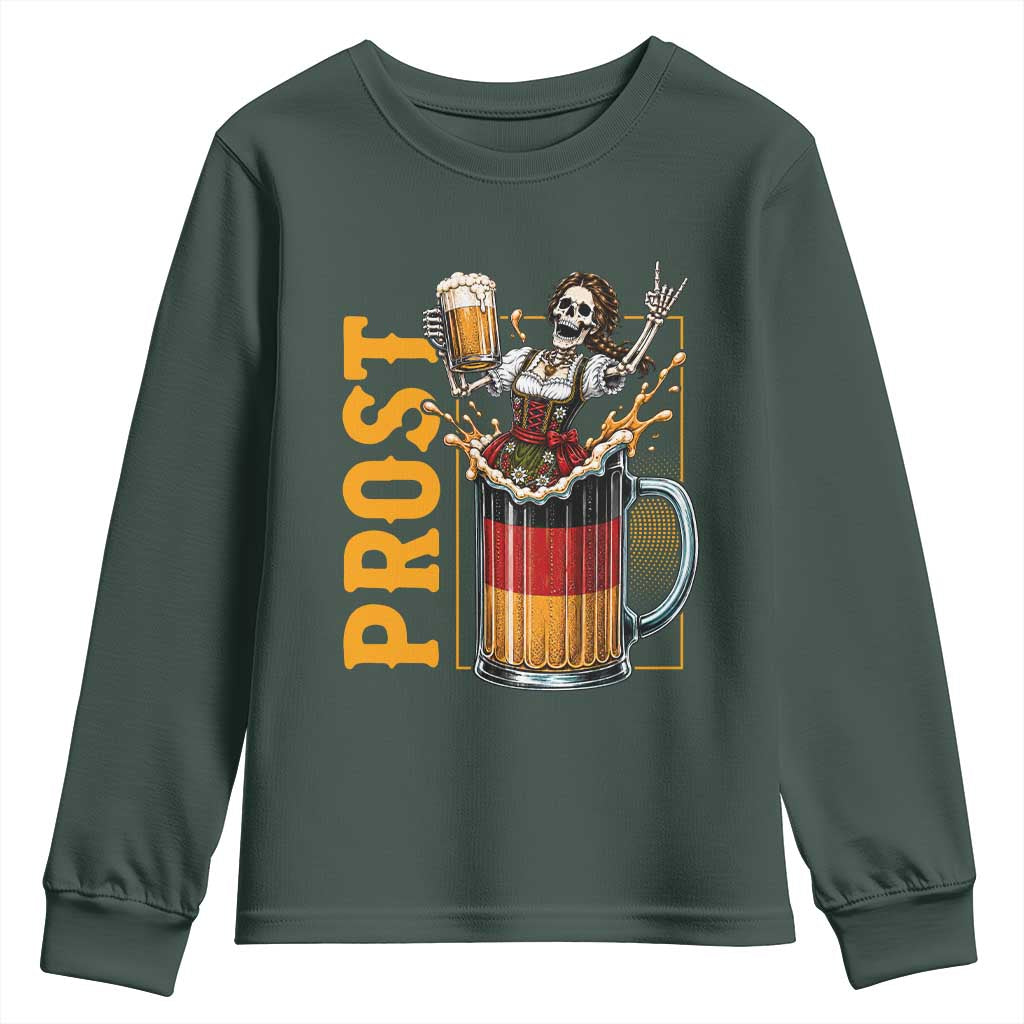 Funny Skeleton Oktoberfest Youth Sweatshirt Spooky Prost German Beer Drinker Graphic TS12 Dark Forest Green Print Your Wear