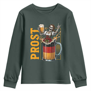 Funny Skeleton Oktoberfest Youth Sweatshirt Spooky Prost German Beer Drinker Graphic TS12 Dark Forest Green Print Your Wear