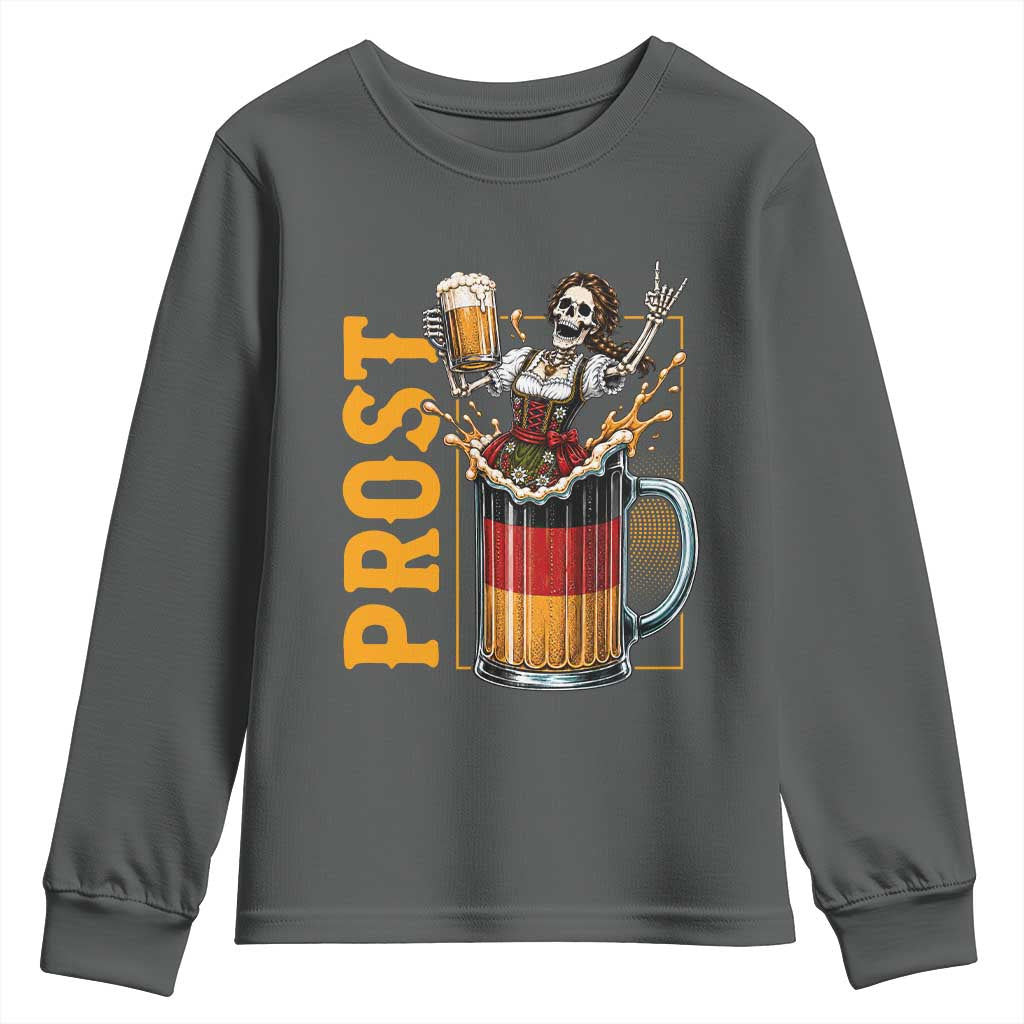 Funny Skeleton Oktoberfest Youth Sweatshirt Spooky Prost German Beer Drinker Graphic TS12 Dark Heather Print Your Wear