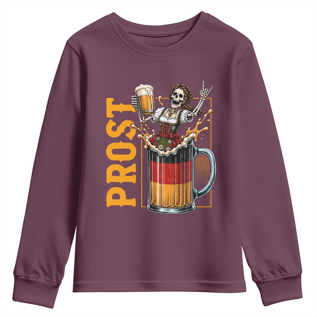 Funny Skeleton Oktoberfest Youth Sweatshirt Spooky Prost German Beer Drinker Graphic TS12 Maroon Print Your Wear