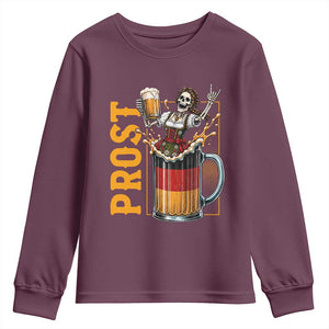 Funny Skeleton Oktoberfest Youth Sweatshirt Spooky Prost German Beer Drinker Graphic TS12 Maroon Print Your Wear