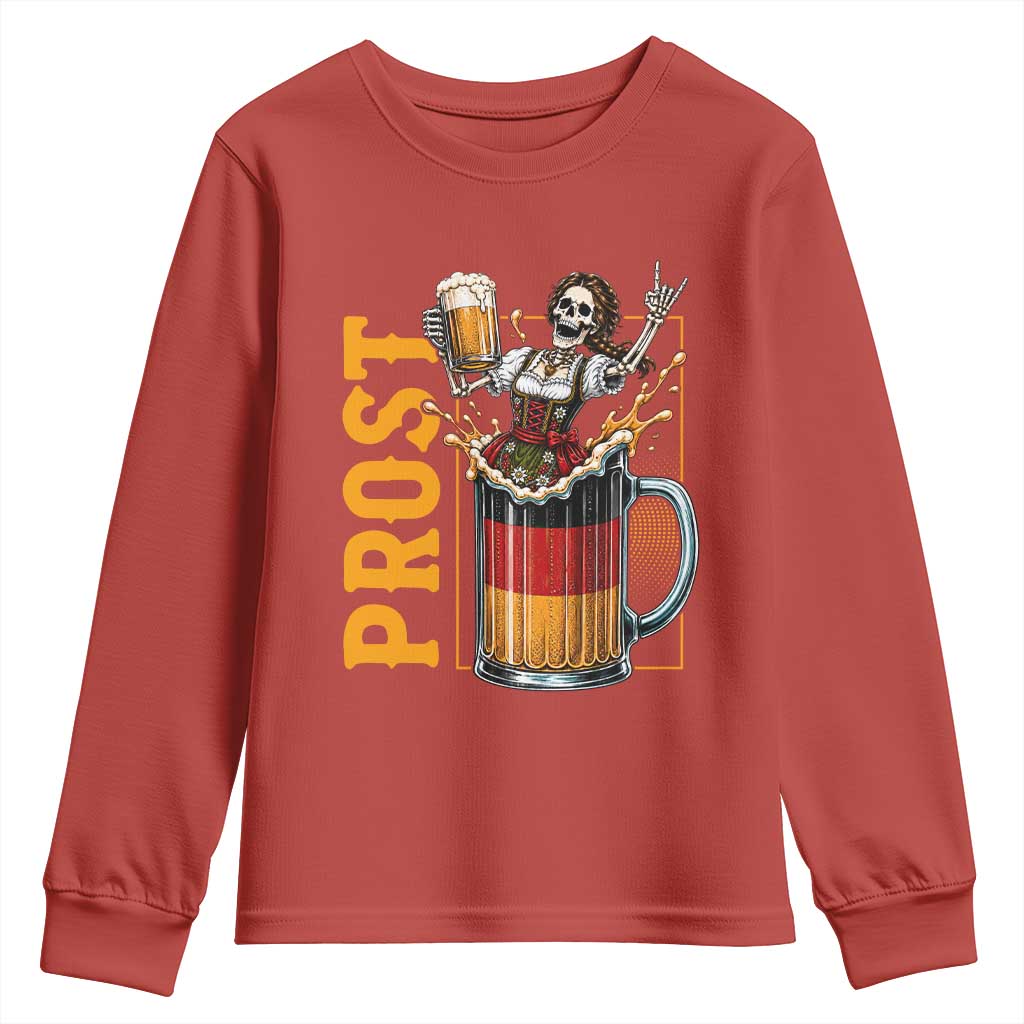 Funny Skeleton Oktoberfest Youth Sweatshirt Spooky Prost German Beer Drinker Graphic TS12 Red Print Your Wear