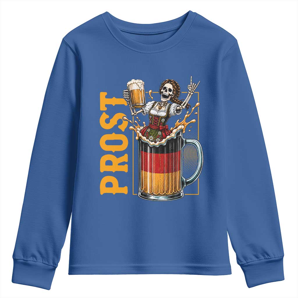 Funny Skeleton Oktoberfest Youth Sweatshirt Spooky Prost German Beer Drinker Graphic TS12 Royal Blue Print Your Wear