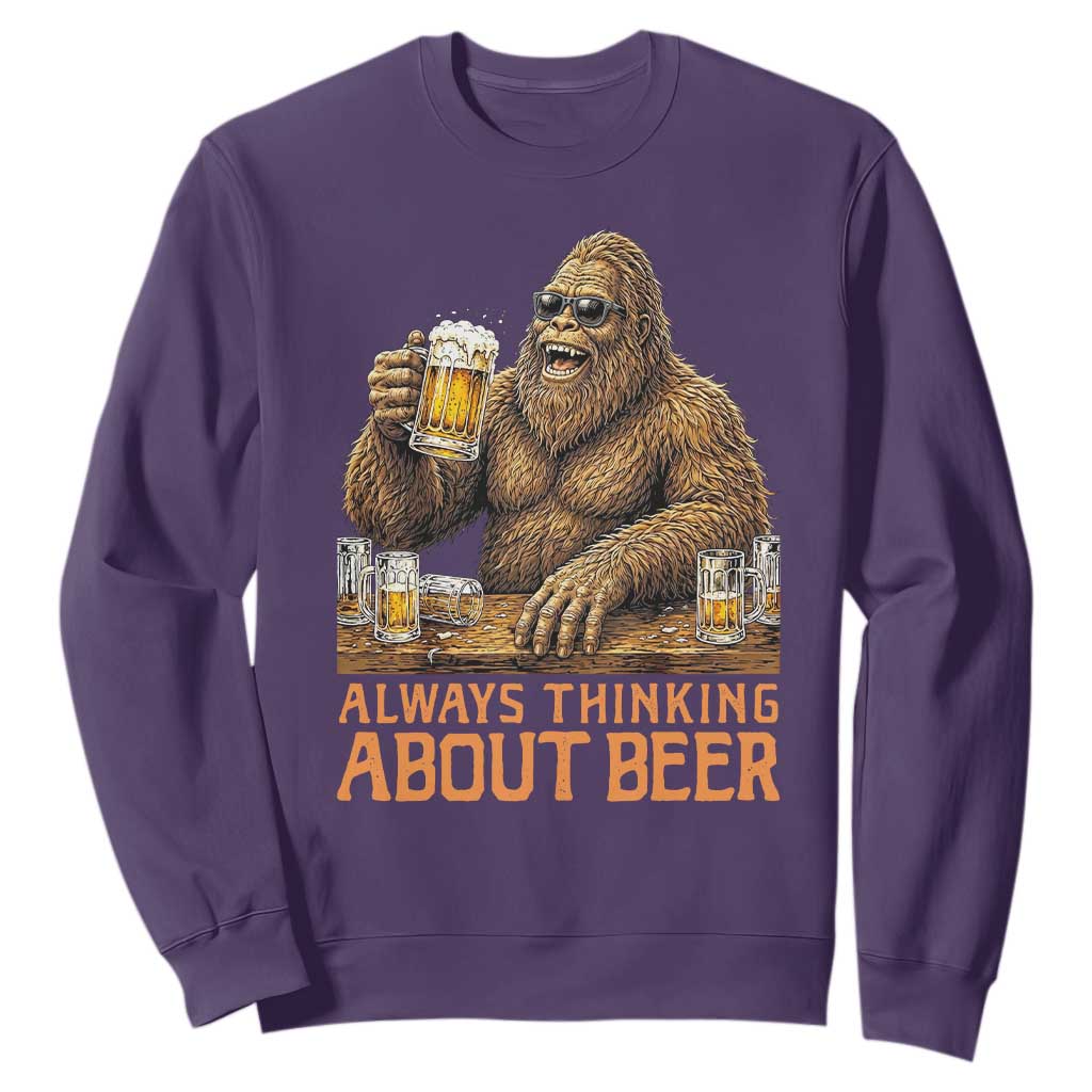 Funny Bigfoot Always Thinking About Beer Sweatshirt Beer Drinker Gift TS12 Purple Print Your Wear