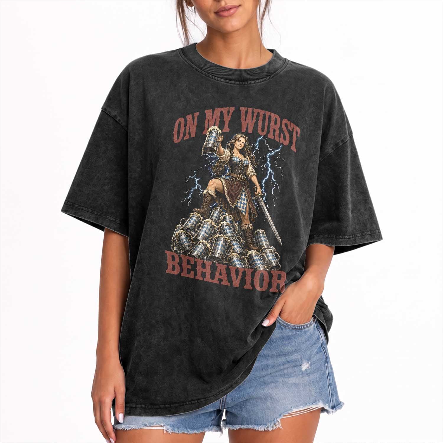 Bavarian Warrior Woman Drinking Beer Oktoberfest Graphic Washed Cotton T-Shirt On My Wurst Behavior