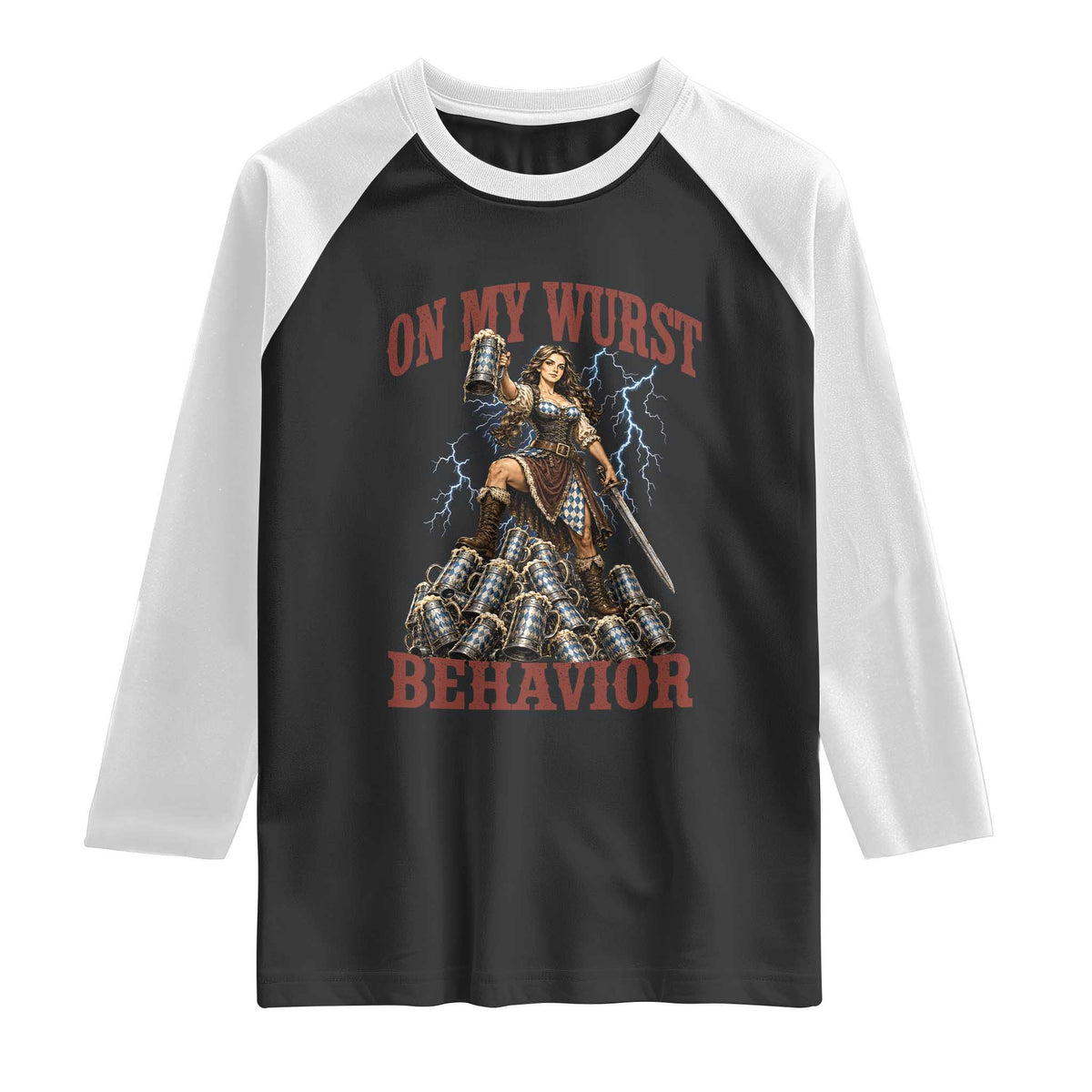 Bavarian Warrior Woman Drinking Beer Oktoberfest Graphic Raglan Shirt On My Wurst Behavior TS12 Black White Print Your Wear