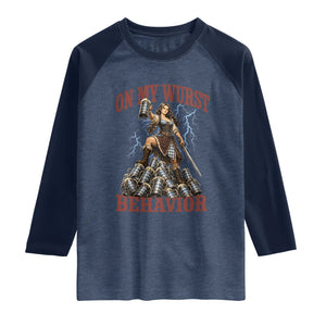 Bavarian Warrior Woman Drinking Beer Oktoberfest Graphic Raglan Shirt On My Wurst Behavior TS12 Heather Denim Navy Print Your Wear