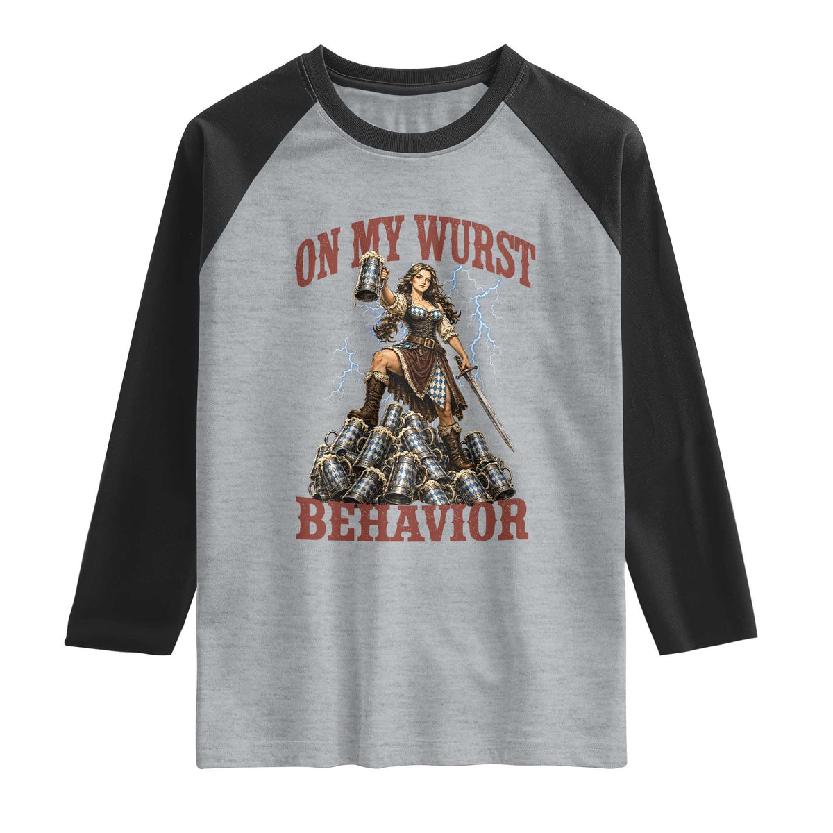 Bavarian Warrior Woman Drinking Beer Oktoberfest Graphic Raglan Shirt On My Wurst Behavior TS12 Heather Gray Black Print Your Wear