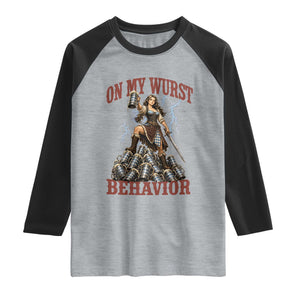 Bavarian Warrior Woman Drinking Beer Oktoberfest Graphic Raglan Shirt On My Wurst Behavior TS12 Heather Gray Black Print Your Wear