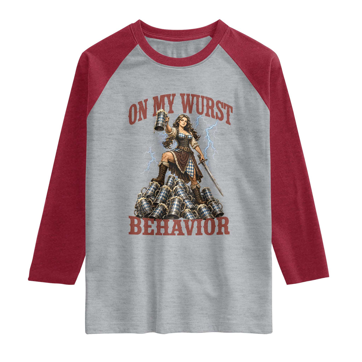 Bavarian Warrior Woman Drinking Beer Oktoberfest Graphic Raglan Shirt On My Wurst Behavior TS12 Heather Gray Heather Red Print Your Wear