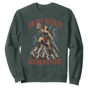 Bavarian Warrior Woman Drinking Beer Oktoberfest Graphic Sweatshirt On My Wurst Behavior TS12 Dark Forest Green Print Your Wear