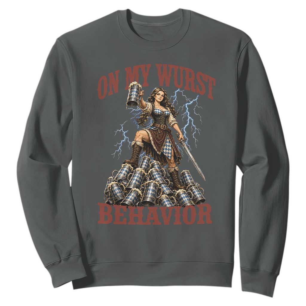 Bavarian Warrior Woman Drinking Beer Oktoberfest Graphic Sweatshirt On My Wurst Behavior TS12 Dark Heather Print Your Wear
