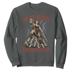 Bavarian Warrior Woman Drinking Beer Oktoberfest Graphic Sweatshirt On My Wurst Behavior TS12 Dark Heather Print Your Wear