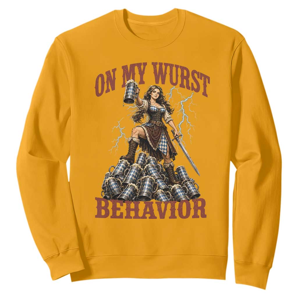Bavarian Warrior Woman Drinking Beer Oktoberfest Graphic Sweatshirt On My Wurst Behavior TS12 Gold Print Your Wear