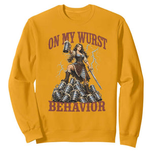 Bavarian Warrior Woman Drinking Beer Oktoberfest Graphic Sweatshirt On My Wurst Behavior TS12 Gold Print Your Wear