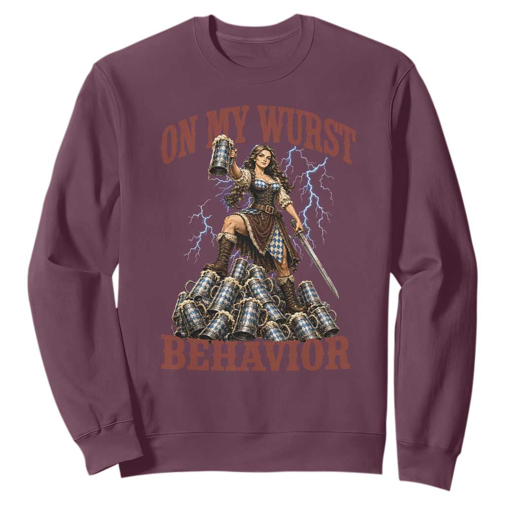Bavarian Warrior Woman Drinking Beer Oktoberfest Graphic Sweatshirt On My Wurst Behavior TS12 Maroon Print Your Wear
