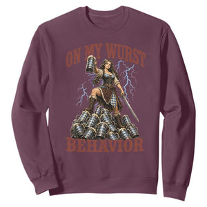 Bavarian Warrior Woman Drinking Beer Oktoberfest Graphic Sweatshirt On My Wurst Behavior TS12 Maroon Print Your Wear