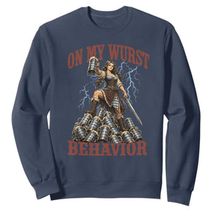 Bavarian Warrior Woman Drinking Beer Oktoberfest Graphic Sweatshirt On My Wurst Behavior TS12 Navy Print Your Wear