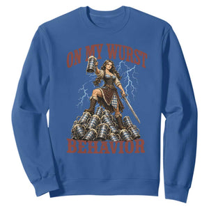 Bavarian Warrior Woman Drinking Beer Oktoberfest Graphic Sweatshirt On My Wurst Behavior TS12 Royal Blue Print Your Wear