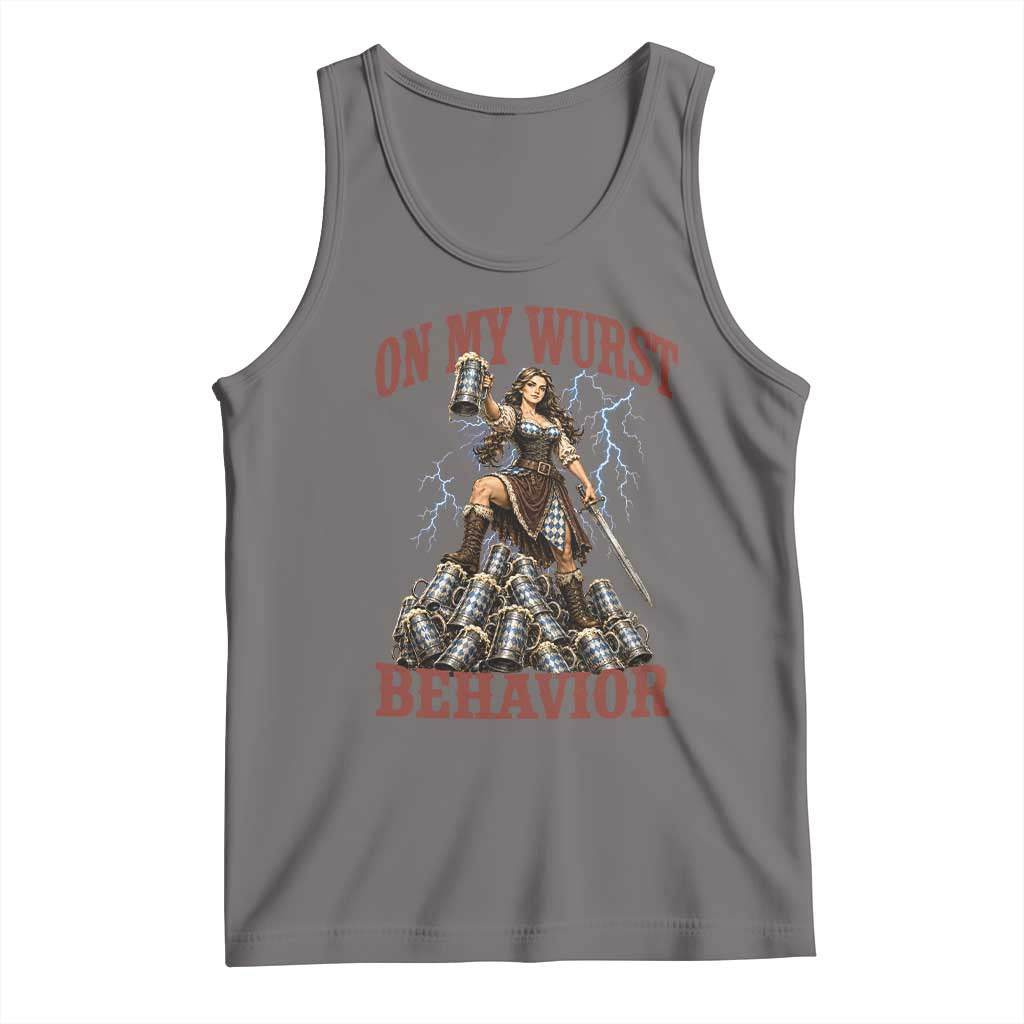 Bavarian Warrior Woman Drinking Beer Oktoberfest Graphic Tank Top On My Wurst Behavior TS12 Deep Heather Print Your Wear