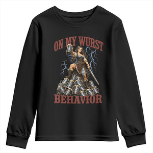 Bavarian Warrior Woman Drinking Beer Oktoberfest Graphic Youth Sweatshirt On My Wurst Behavior TS12 Black Print Your Wear