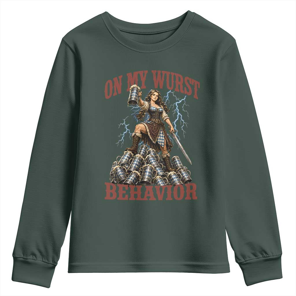 Bavarian Warrior Woman Drinking Beer Oktoberfest Graphic Youth Sweatshirt On My Wurst Behavior TS12 Dark Forest Green Print Your Wear