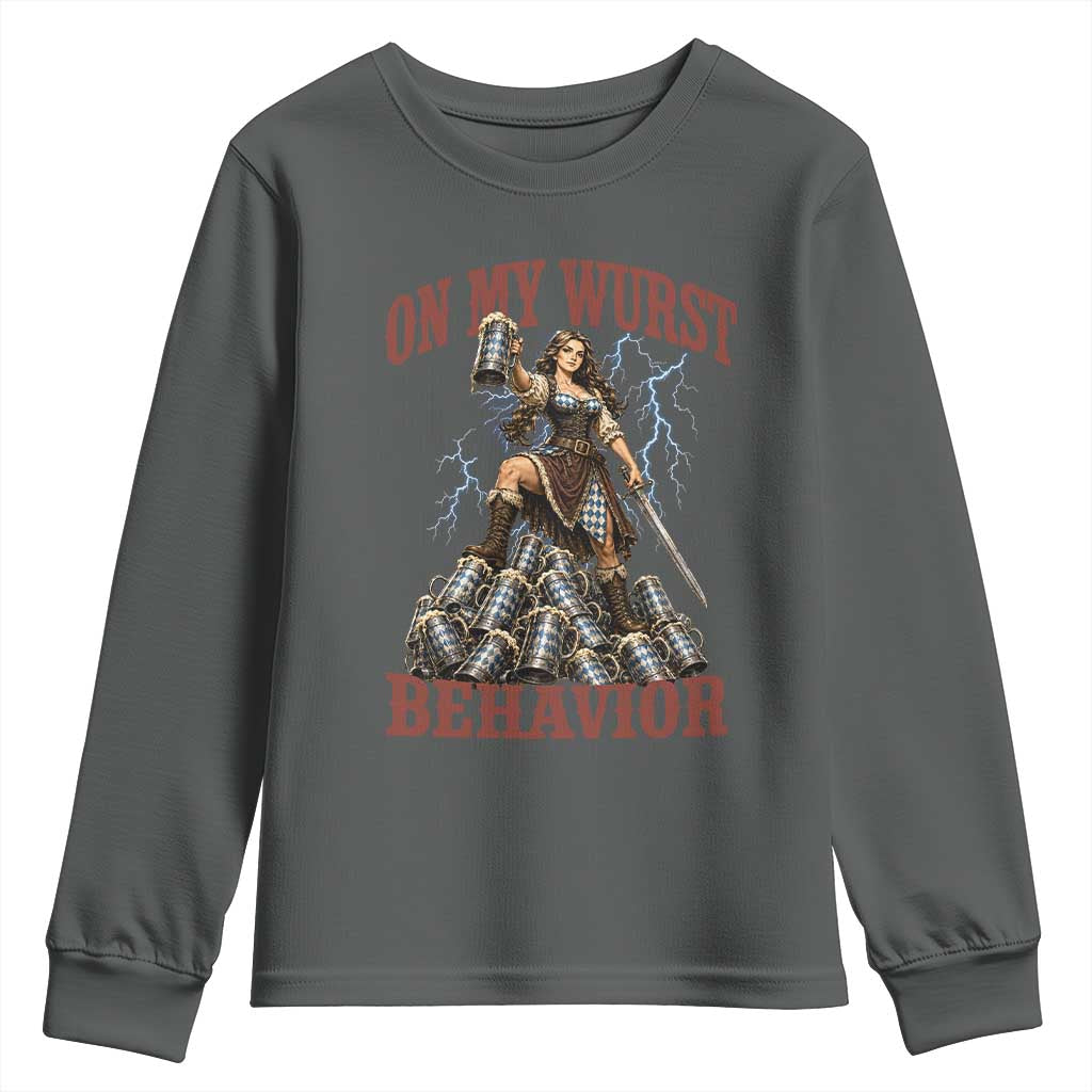 Bavarian Warrior Woman Drinking Beer Oktoberfest Graphic Youth Sweatshirt On My Wurst Behavior TS12 Dark Heather Print Your Wear