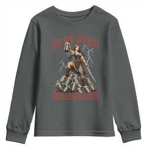 Bavarian Warrior Woman Drinking Beer Oktoberfest Graphic Youth Sweatshirt On My Wurst Behavior TS12 Dark Heather Print Your Wear