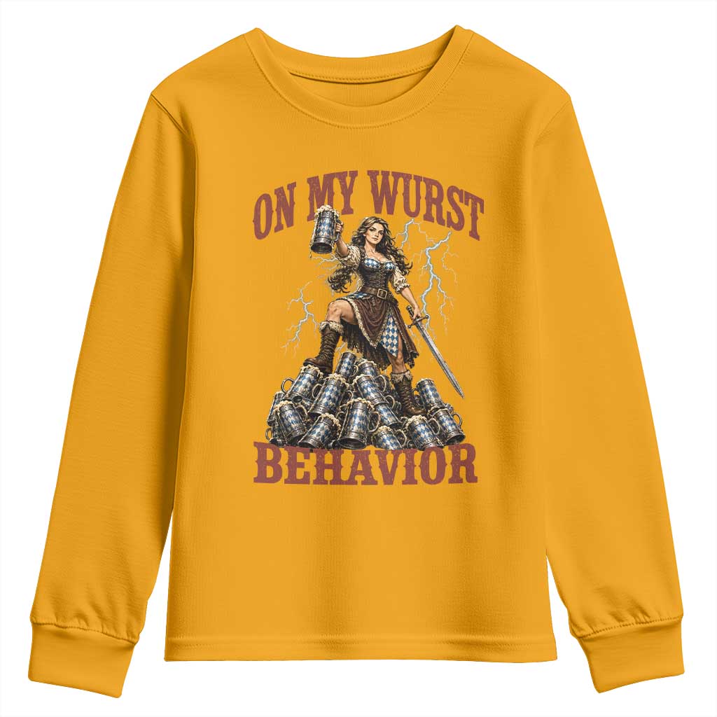 Bavarian Warrior Woman Drinking Beer Oktoberfest Graphic Youth Sweatshirt On My Wurst Behavior TS12 Gold Print Your Wear