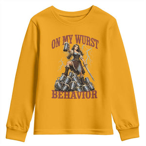 Bavarian Warrior Woman Drinking Beer Oktoberfest Graphic Youth Sweatshirt On My Wurst Behavior TS12 Gold Print Your Wear