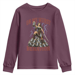 Bavarian Warrior Woman Drinking Beer Oktoberfest Graphic Youth Sweatshirt On My Wurst Behavior TS12 Maroon Print Your Wear