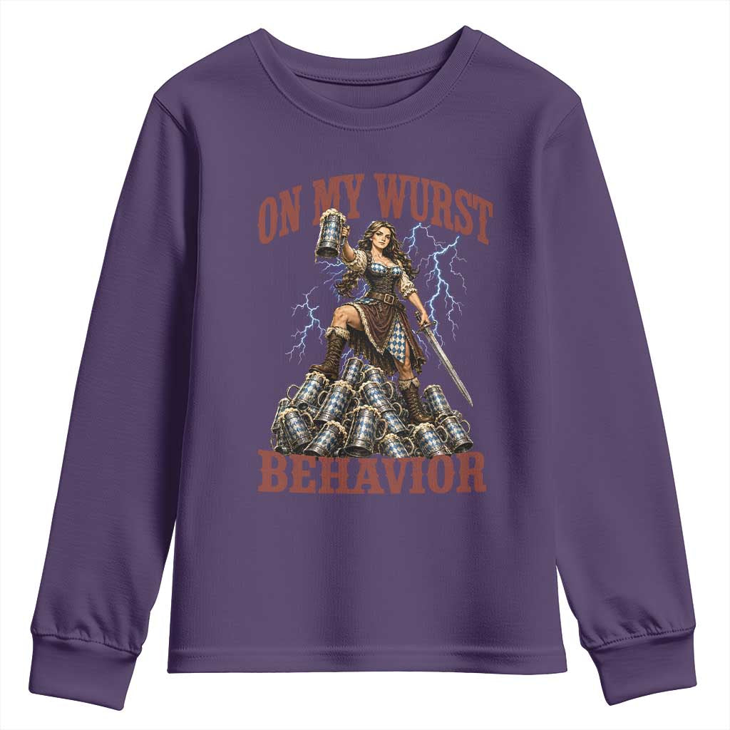 Bavarian Warrior Woman Drinking Beer Oktoberfest Graphic Youth Sweatshirt On My Wurst Behavior TS12 Purple Print Your Wear