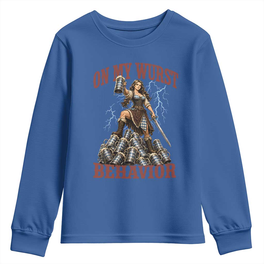 Bavarian Warrior Woman Drinking Beer Oktoberfest Graphic Youth Sweatshirt On My Wurst Behavior TS12 Royal Blue Print Your Wear