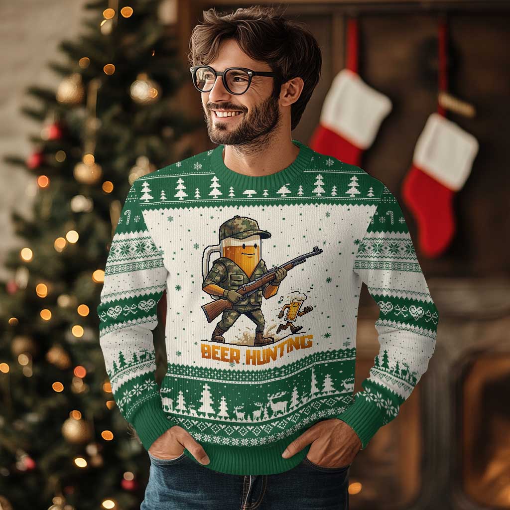Beer Hunting Season Open Ugly Christmas Sweater Beer Hunter Brew Lover Humor TS12 Beige Green Print Your Wear