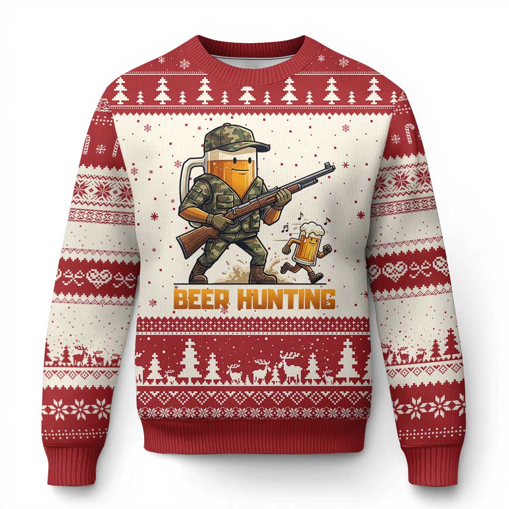 Beer Hunting Season Open Ugly Christmas Sweater Beer Hunter Brew Lover Humor TS12 Beige Red Print Your Wear
