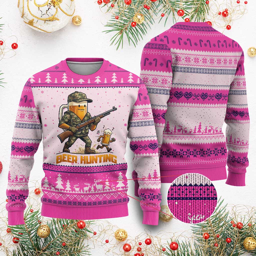 Beer Hunting Season Open Ugly Christmas Sweater Beer Hunter Brew Lover Humor TS12 Hot Pink Print Your Wear