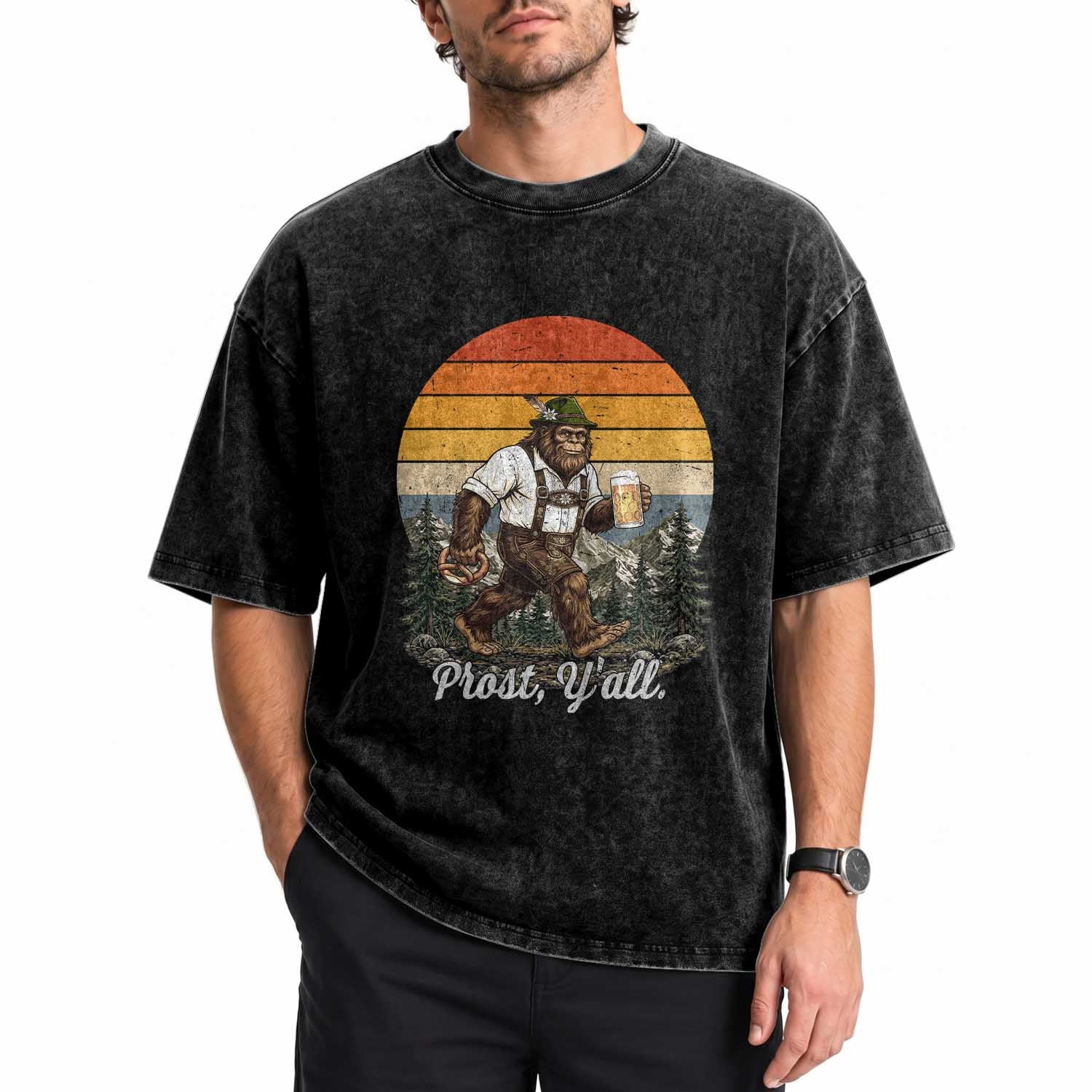 Prost Yall Bigfoot Washed Cotton T-Shirt Vintage Oktoberfest Beer Lover Sasquatch Gift