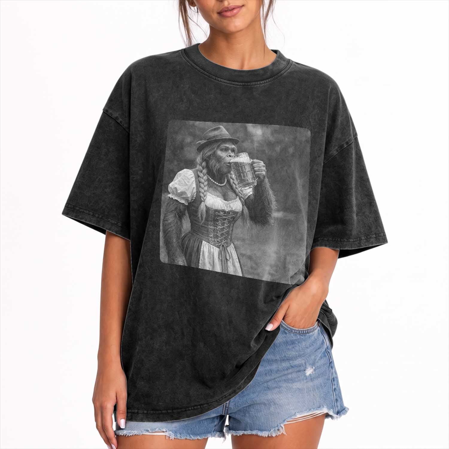 Bigfoot Oktoberfest Washed Cotton T-Shirt Vintage Dirndl German Beer Festival Humor
