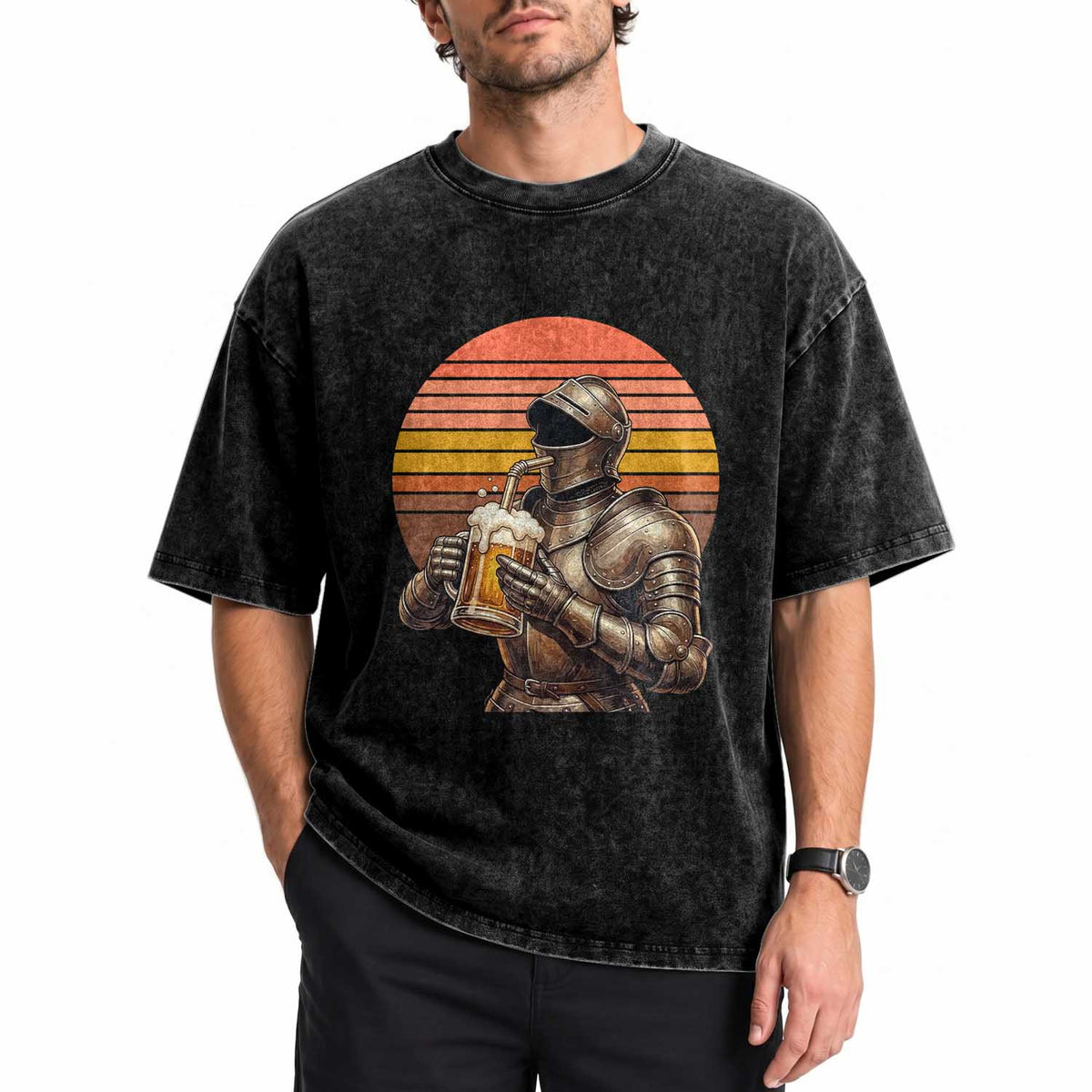 Funny Medieval Renaissance Drinker Washed Cotton T-Shirt Vintage Knight In Armor Beer Lover