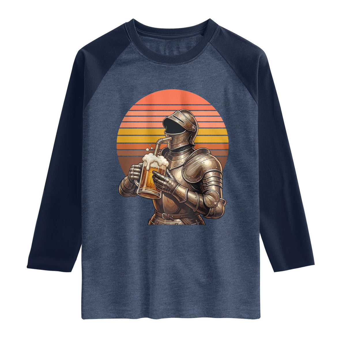 Funny Medieval Renaissance Drinker Raglan Shirt Vintage Knight In Armor Beer Lover TS12 Heather Denim Navy Print Your Wear