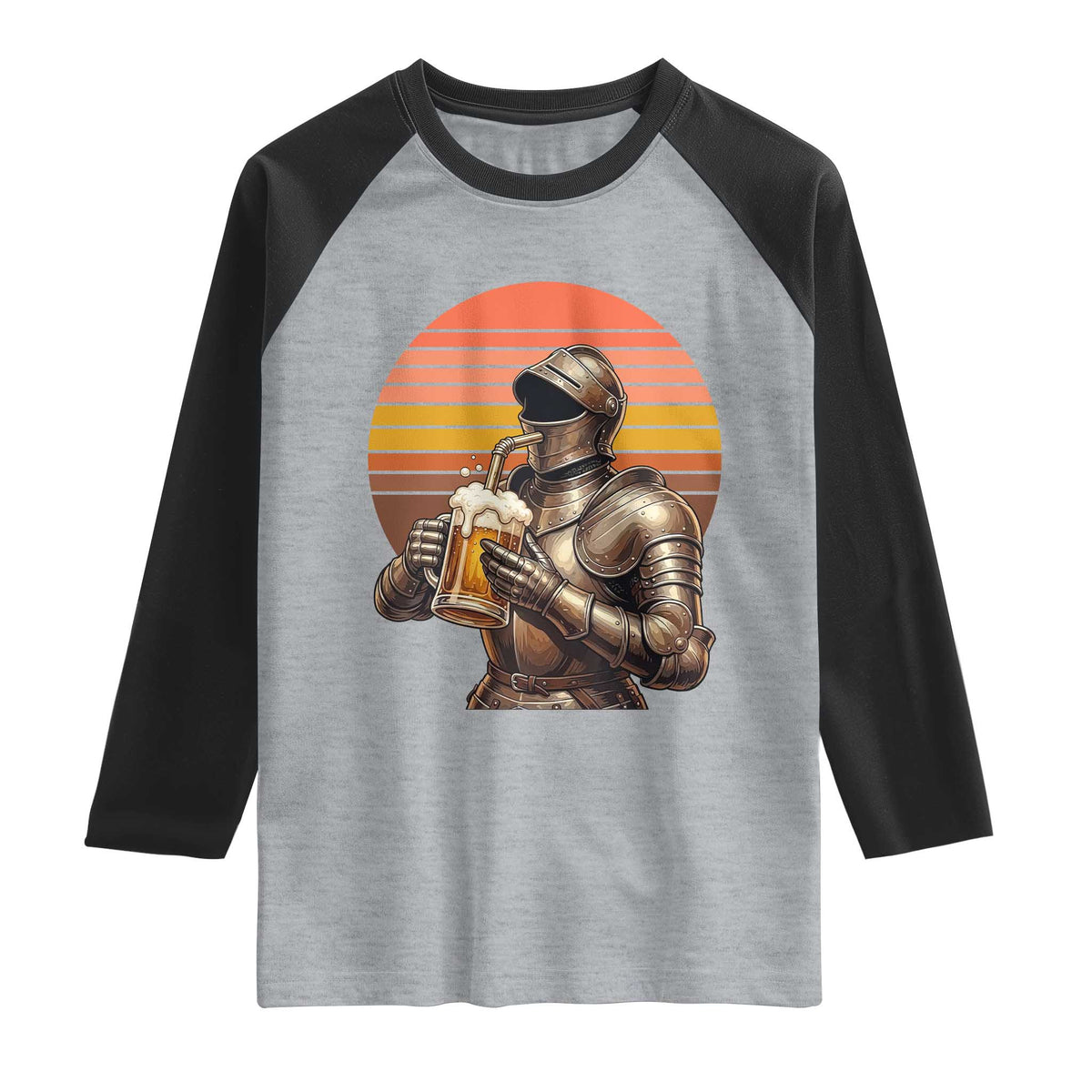 Funny Medieval Renaissance Drinker Raglan Shirt Vintage Knight In Armor Beer Lover TS12 Heather Gray Black Print Your Wear