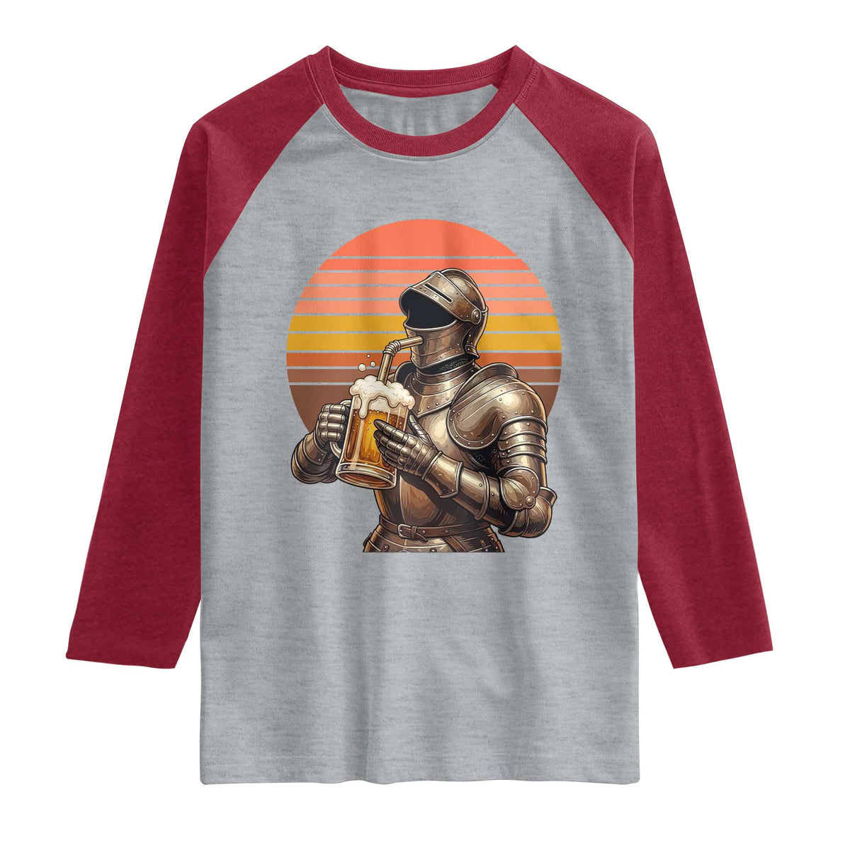 Funny Medieval Renaissance Drinker Raglan Shirt Vintage Knight In Armor Beer Lover TS12 Heather Gray Heather Red Print Your Wear
