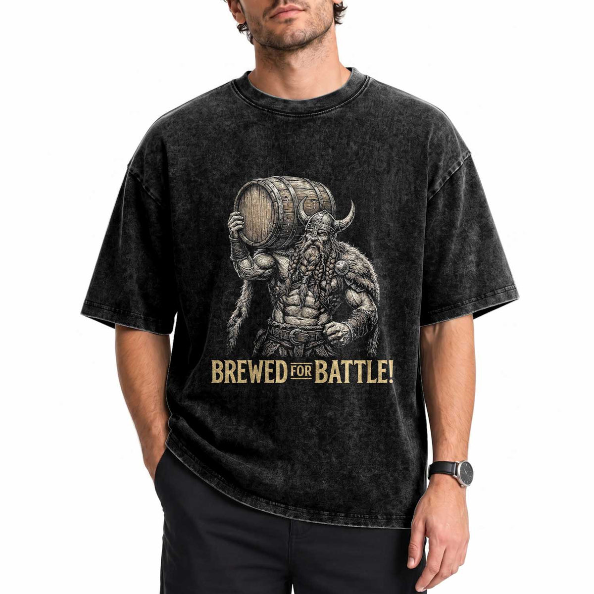 Vintage Viking Beer Drinker Warrior Gift Washed Cotton T-Shirt Brewed For Battle