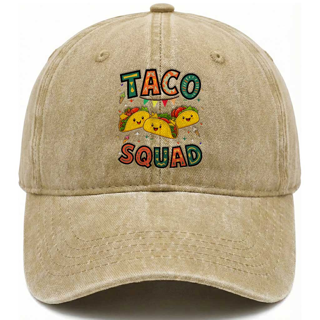 Taco Squad Washed Cotton Baseball Cap Funny Mexican Food Lovers Gift TS12 Washed Cap Universal Fit Khaki Print Your Wear
