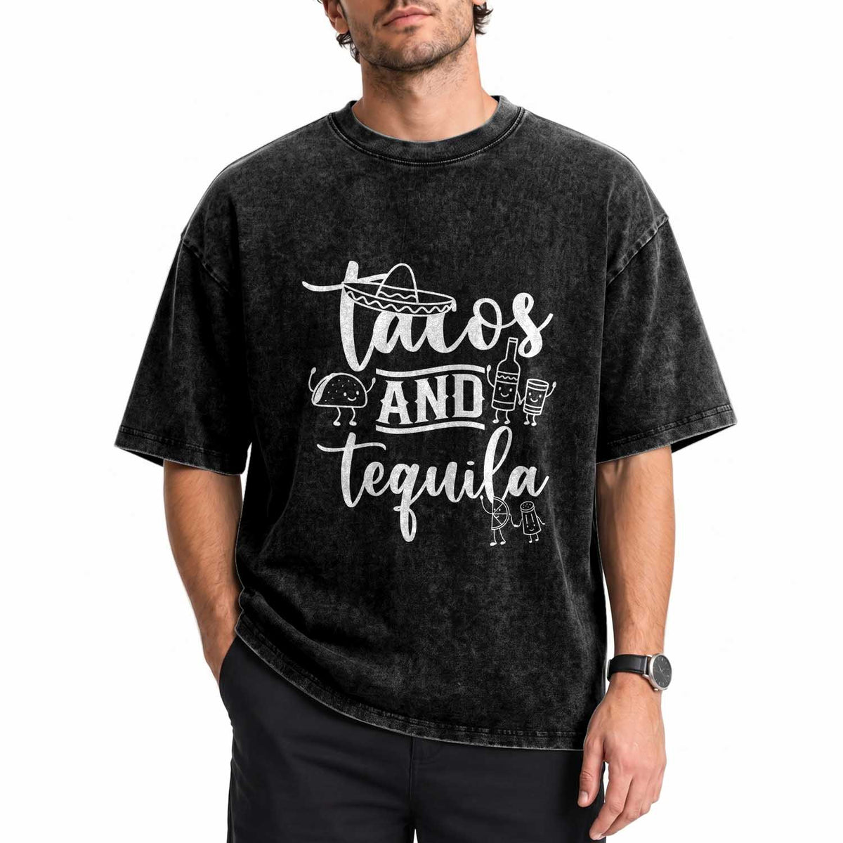 Tacos And Tequila Lover Washed Cotton T-Shirt Funny Humor Gift