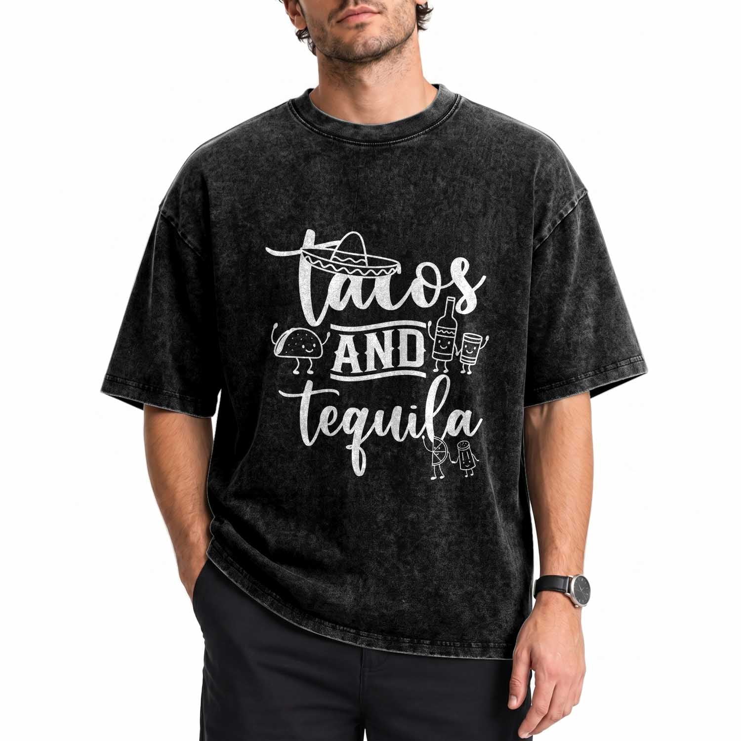 Tacos And Tequila Lover Washed Cotton T-Shirt Funny Humor Gift