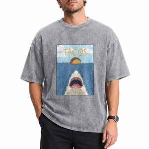 Funny Tacos Lover Washed Cotton T-Shirt Shark Attack Humor Gift