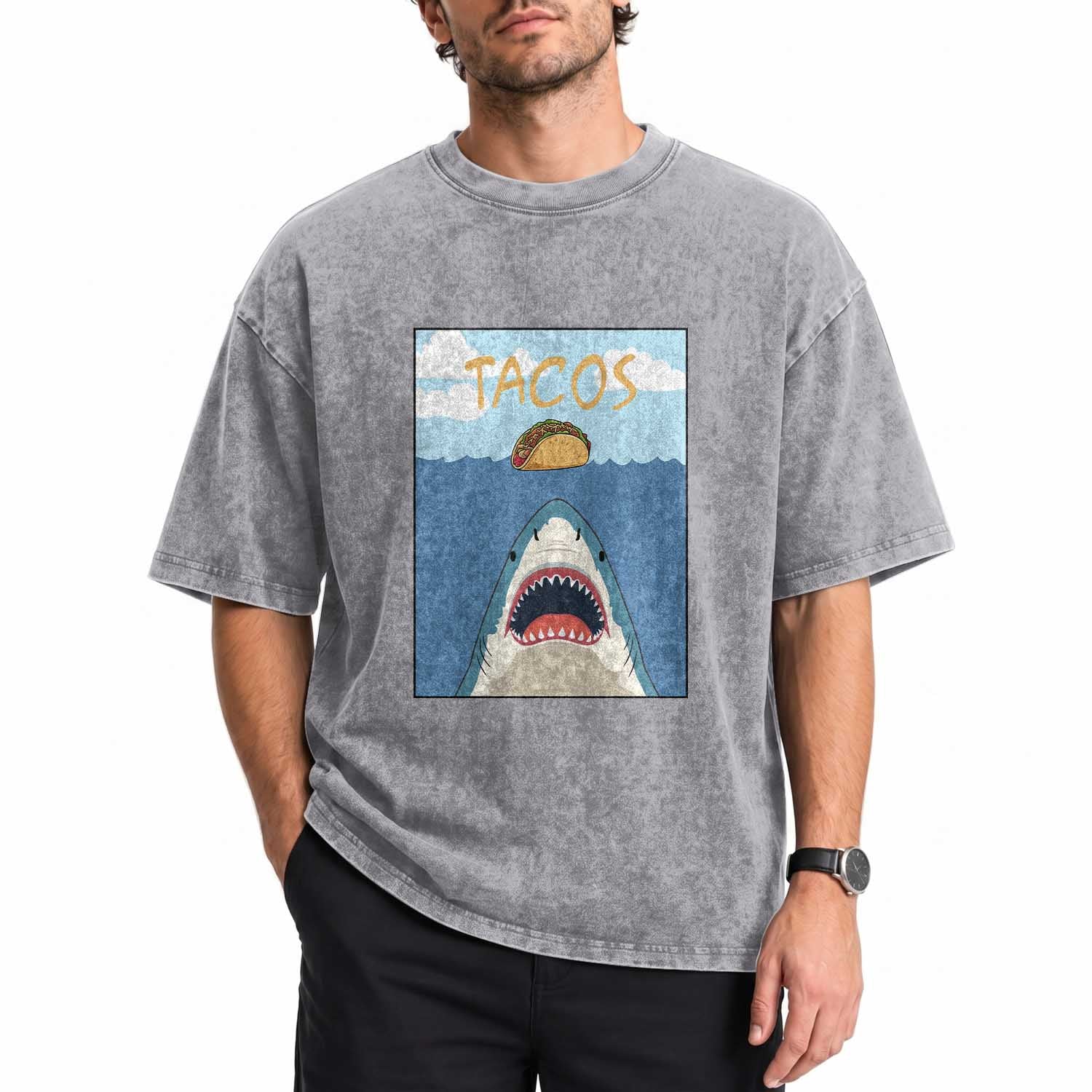 Funny Tacos Lover Washed Cotton T-Shirt Shark Attack Humor Gift